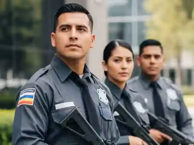 Guardias intramuros en recepción corporativa con sistema de control de accesos