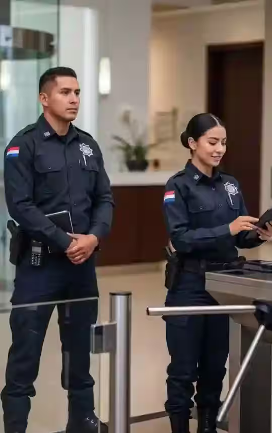 Cuatro agentes de seguridad privada junto a un coche de policía por la noche, iluminados por las luces del edificio y del coche