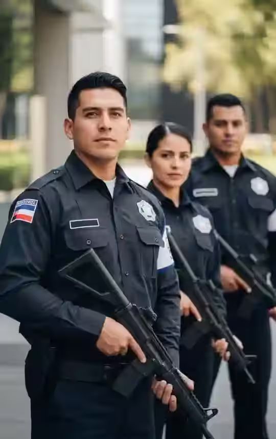 Tres guardias de seguridad privada permanecen alerta en el exterior de un edificio por la noche, uno con una linterna en la mano y otro consultando una tableta