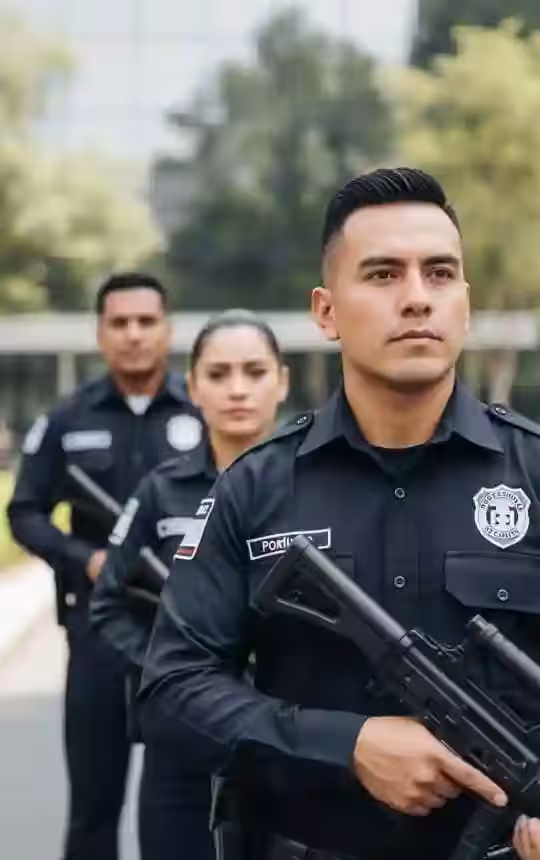 Tres guardias de seguridad privada de uniforme en un mostrador de recepción, con monitores de vigilancia al fondo