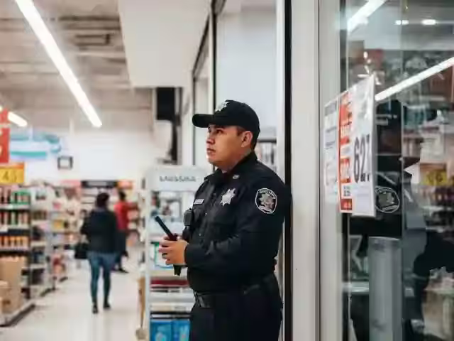 Especialista en seguridad realizando auditoría de inventario con precisión en centro logístico